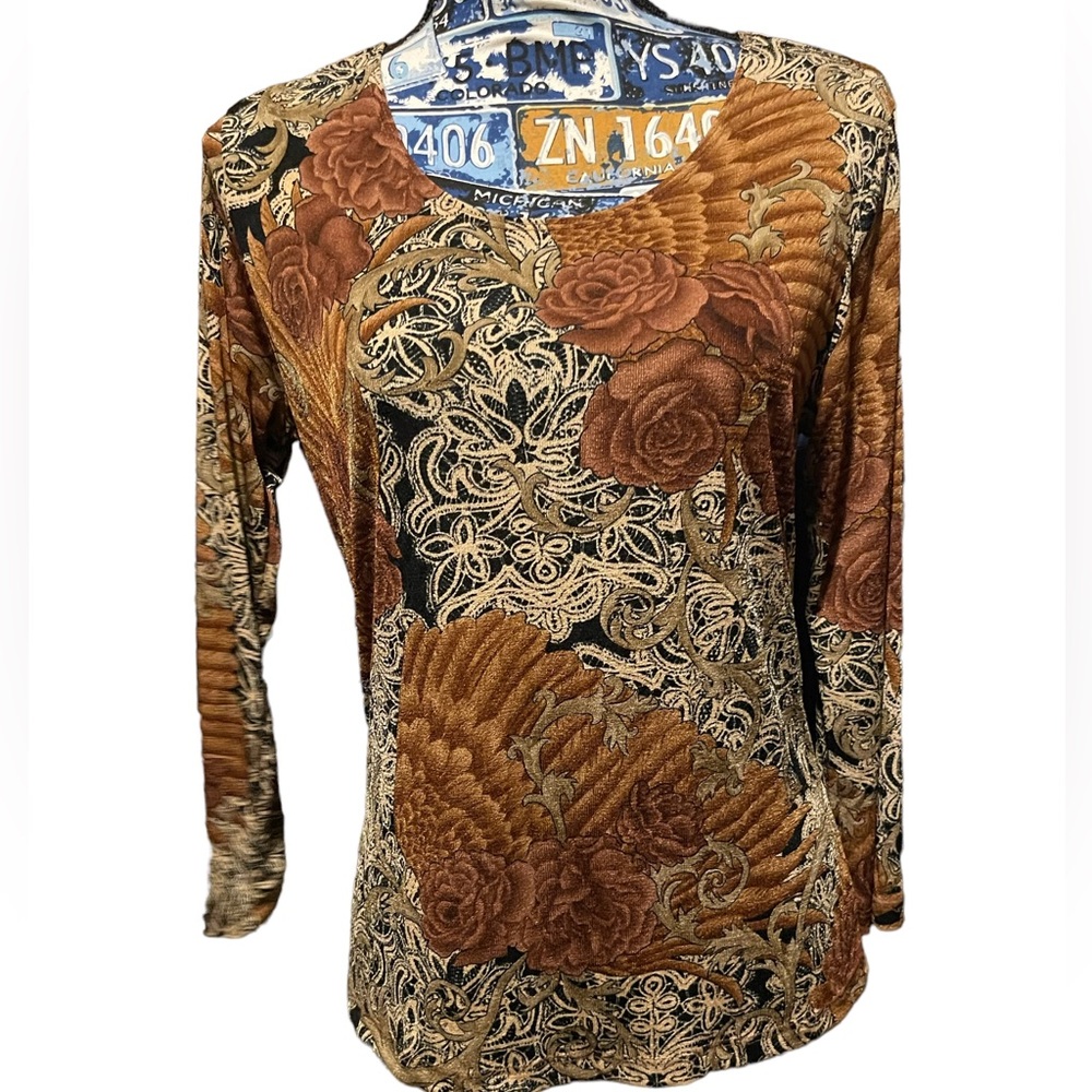 Vintage! Y2K Susan Lawrence  brown floral scoop neck top